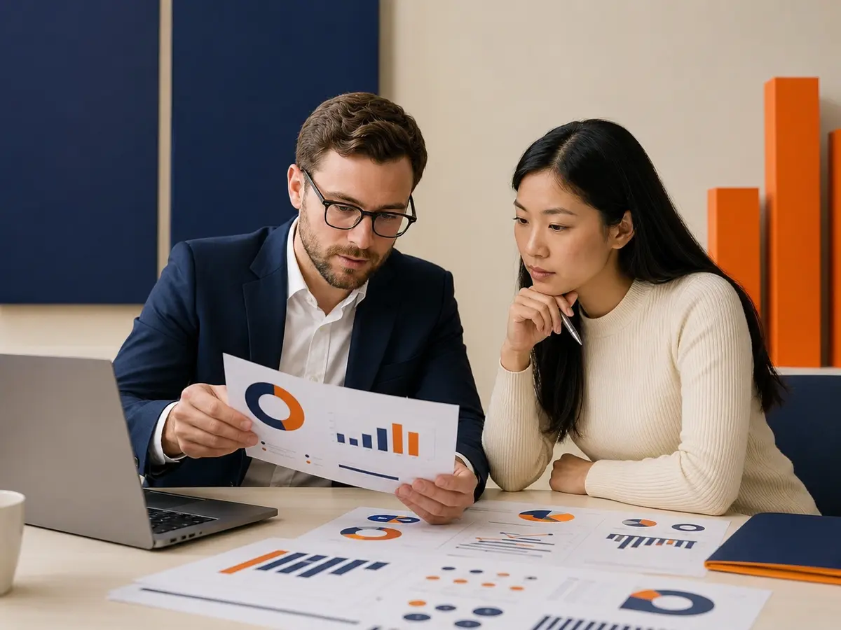 Professional reviewing a structured report, charts and supporting notes