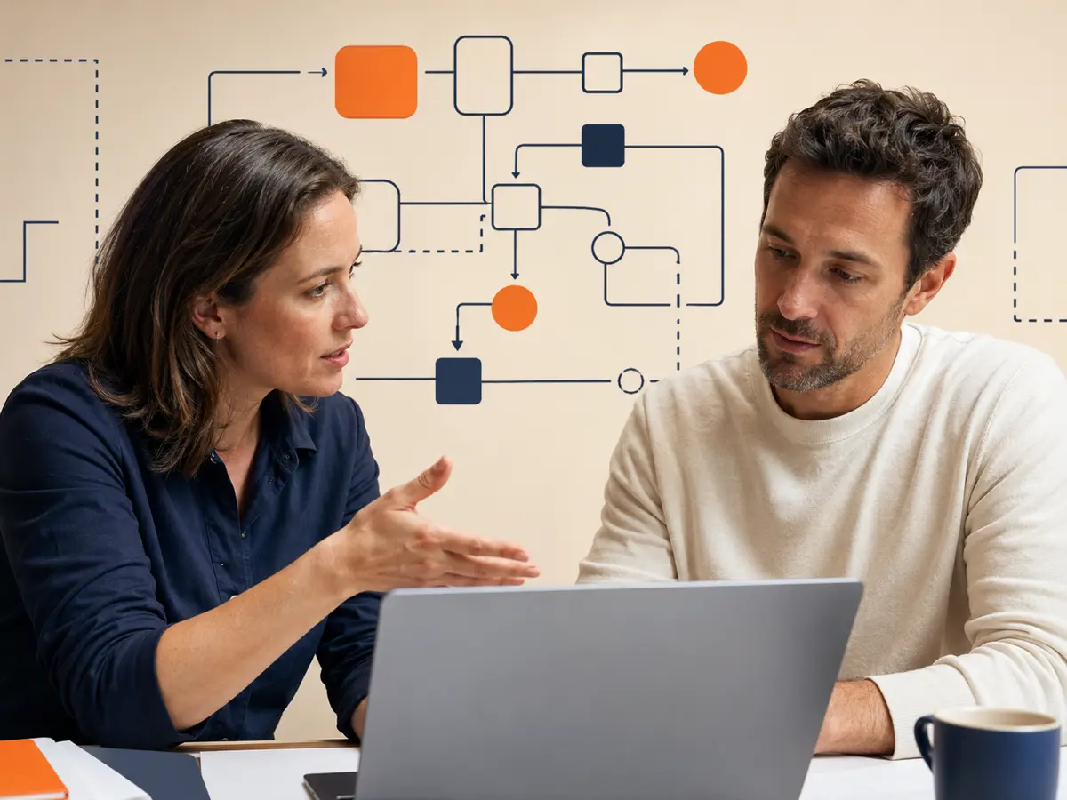 Technical specialist guiding a client through digital documentation